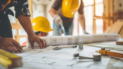 Aufkleber - A foreman reviewing blueprints with a team of workers, discussing plans and ensuring the project is on track.