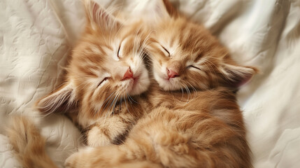 Two kittens are sleeping together on a white blanket. The kittens are curled up and have their eyes closed. Concept of warmth and comfort, as the kittens are snuggled together and appear to be at ease