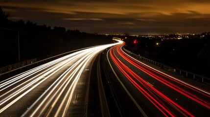 Canvas Print - A nighttime shot of a highway with long exposure light trails from cars, capturing the motion and energy of traffic.