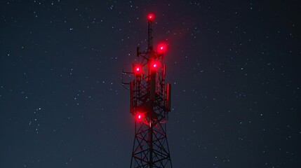 Aufkleber - A night shot of a cellphone tower with red blinking lights, standing against a starry sky, ensuring visibility and safety.