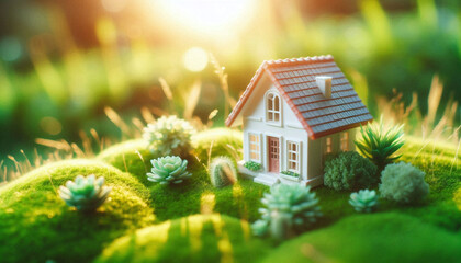 Wall Mural - Miniature house model in a vibrant green field with sunlight filtering through 