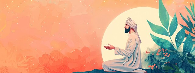 Wall Mural - Banner for Islamic New Year with praying Muslim man, copy space right - generative ai