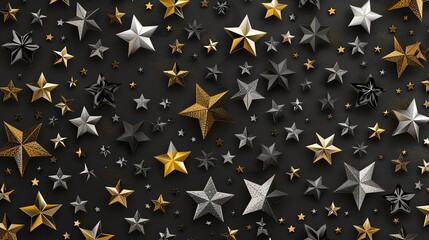 Wall Mural - a repeating pattern of gold, silver, and black stars on a dark background.