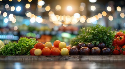 group of fresh and healthy fruits and vegetables such as banana, tomato, orange, lime organic fruit together with blurred supermarket background	