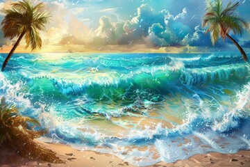 Wall Mural - Tropical paradise with sunlit palm trees and vibrant ocean waves