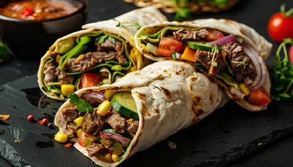 Wall Mural - Burritos wraps with beef and vegetables on black background. Beef burrito, mexican food