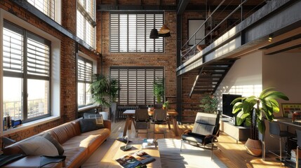 Canvas Print - urban loft conversion with industrial Bahama shutters, adding character and practicality to the modern living space