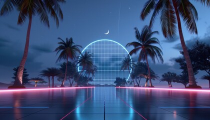 Wall Mural - A neon sign with a circle in the middle and palm trees in the background