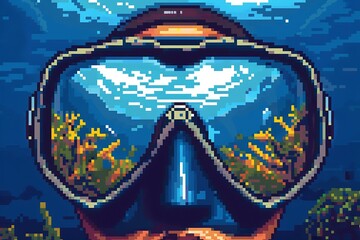 A snorkeling mask icon with lenses that reflect a coral reef in pixel art