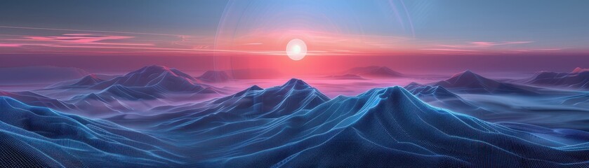 Wall Mural - A beautiful mountain range with a large sun in the sky