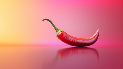 A vivid red chili pepper lies on a monochromatic red surface, red hot chili isolated on gradient background.