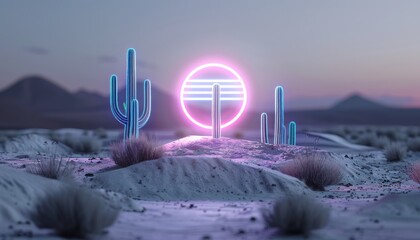 Wall Mural - A neon light circle is surrounded by three cacti in a desert