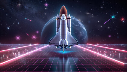 Wall Mural - A space shuttle is flying through a futuristic space scene