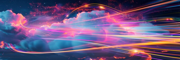 Wall Mural - Cloud Computing, an abstract design with dynamic light trails and digital clouds, symbolizing cloud environments