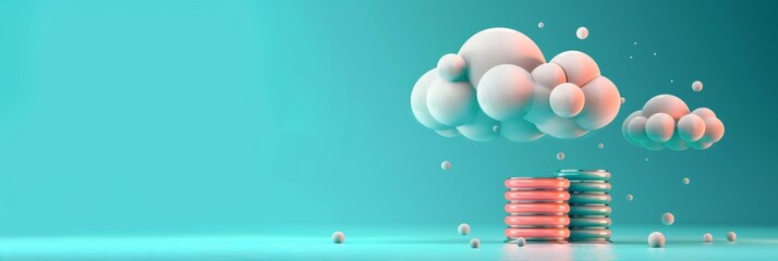 Wall Mural - Cloud Computing, a minimalistic 3D cloud with a database icon on a vibrant turquoise background, showcasing cloud databases