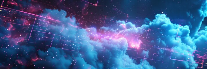Wall Mural - Cloud Computing, a futuristic abstract background with holographic grids and cloud elements, highlighting cloud technology
