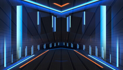 Wall Mural - Abstract neon background, stage with rays and spotlights, futuristic modern blue.