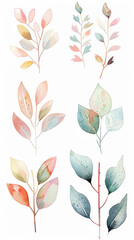 Wall Mural - Watercolor set of aesthetic abstract thin branches and leaves in pastel colors, clean white background. Generative AI