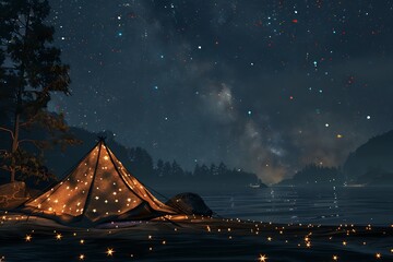 Wall Mural - A stylized campsite with a tent made of stars in the night sky