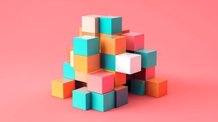 Poster - A stack of colorful blocks on a pink background. The blocks are arranged in a way that they look like a small house. The colors of the blocks are bright and cheerful, giving the image a playful