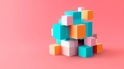 Poster - A pile of colorful blocks on a pink background. The blocks are arranged in a way that they look like they are stacked on top of each other, creating a sense of depth and dimension