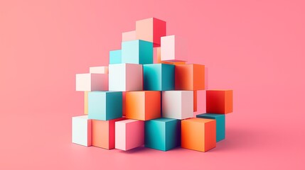 Poster - A stack of colorful blocks on a pink background. The blocks are arranged in a way that they look like they are building a tower. The colors of the blocks are bright and vibrant, creating a cheerful