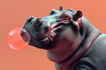 Wall Mural - A cartoonish hippo is blowing bubbles with a red bubblegum. The bubbles are floating in the air and the hippo is smiling. The image has a playful and lighthearted mood