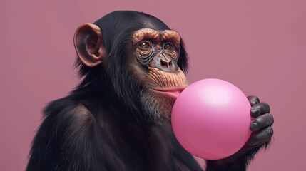 Wall Mural - A monkey is blowing up a pink balloon. The monkey is holding the balloon in its mouth