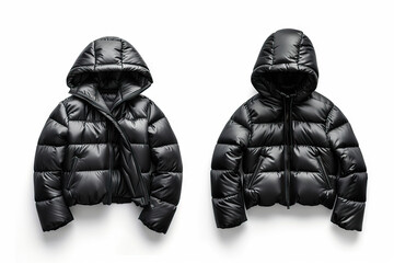 Pair of black puffer jackets with hoods, displayed on a white background, showcasing modern, insulated outerwear designed for warmth, style, and practicality during cold weather.