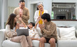 © Art_Photo - Portrait of happy love family asian father and mother playing with adorable asian kid girl.daughter, care, insurance.Happy family moments good time love with grandparents.Love of big family
