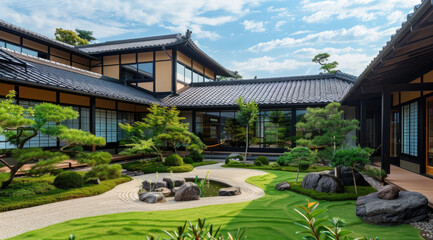 Wall Mural - Modern Japanese style house with a courtyard, green grass and garden in front of the building, with black wooden window frames and roof tiles