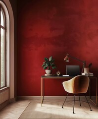 Home office with a minimalist red wall