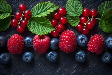 Wall Mural - Fresh Summer Berries: Raspberries, Blueberries, and Red Currants on Slate Background