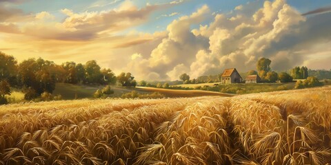Wall Mural - In a golden wheat field, the sun sets over the rural landscape, highlighting the ears of ripe grain.