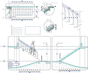 Wall Mural - Vector silhouette illustration sketch of detailed architectural engineering design of the interior section of a hotel apartment building with detailed stairs