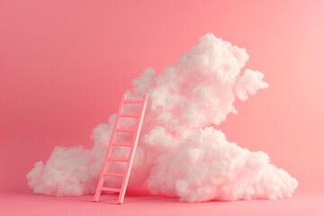 Poster - Surreal Pink Ladder to Cloud with Peach Background
