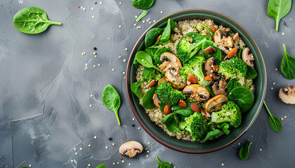 Wall Mural - Healthy vegan salad of vegetables - broccoli, mushrooms, spinach and quinoa in a bowl. Flat lay. Top view