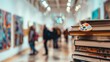 © Copi - A stack of books with a paint palette on top in an art gallery.