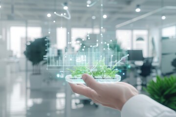 Aufkleber - Person holding a futuristic holographic display showing growth and technology in a modern office environment.
