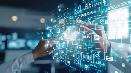 Poster - Innovative technology interface with hand interacting with digital data, symbolizing advanced analytics, data visualization, and future technology trends.