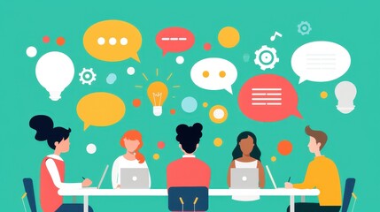 Poster - Illustration of a diverse group of people engaging in a collaborative brainstorming session with speech bubbles and icons on a green background.