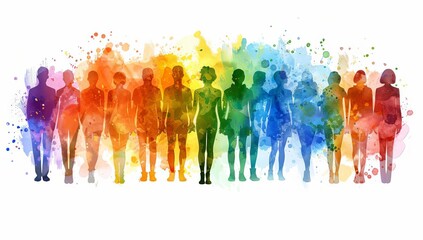 Colorful silhouettes of diverse people with watercolor splashes