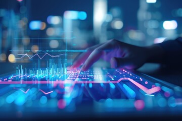 Aufkleber - Hand interacting with digital interface, data analysis and technology concept, futuristic city background, showing graphs and charts.