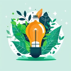 Concept of eco-friendly energy with a glowing light bulb surrounded by green leaves on a light turquoise background.