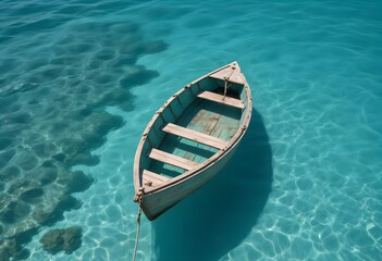 A small wooden boat floating on a vibrant turquoise ocean, with the boat's reflection visible in the water