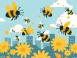 © PrusarooYakk - Colorful illustration of bees flying over a vibrant field of yellow flowers with a city skyline in the background.