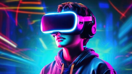 People wearing VR goggle while enter metaverse with neon color background. People with VR headset against abstract neon pattern background. Concept of virtual reality and futuristic technology. AIG35.