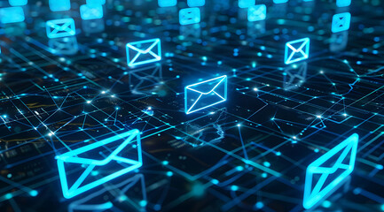 A digital background with glowing blue envelopes on a dark background, representing fast and modern email marketing. A background of a digital email icon floating in the air, newsletter concept. 