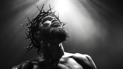 Dramatic Black and White Portrait with Crown of Thorns