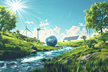 Wall Mural - An illustration of Earth with solar panels and wind turbines surrounded by trees, city buildings, and greenery, symbolizing renewable energy and conservation. Concept of sustainability green energy.